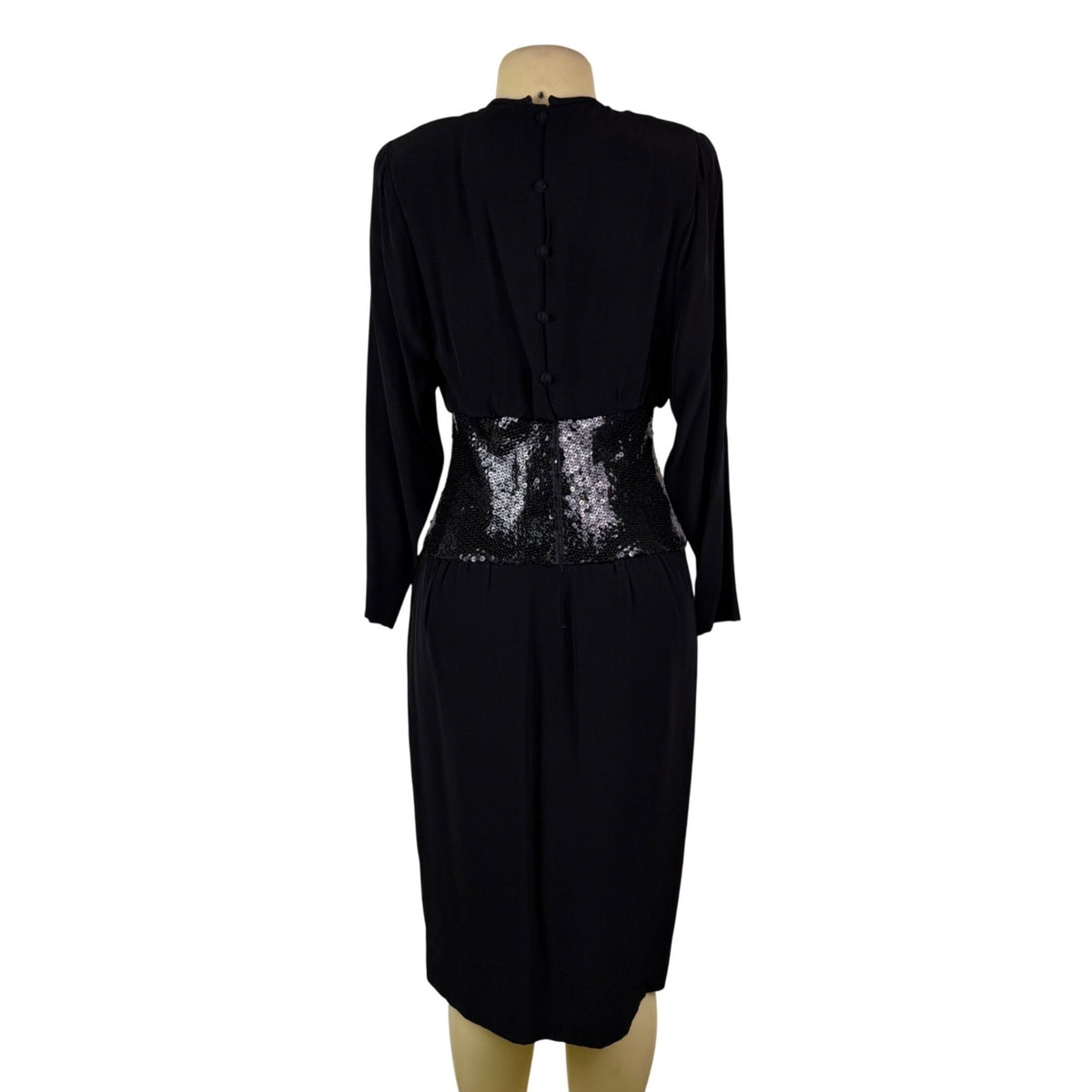 Vintage Mignon Womens Black Sequin Cinched Waist Long Sleeve Dress M