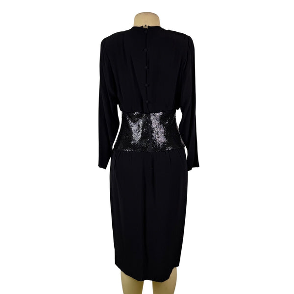 Vintage Mignon Womens Black Sequin Cinched Waist Long Sleeve Dress M
