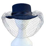 Michael Howard Womens Navy Wool Dress Hat With Bow & Netting Made In USA