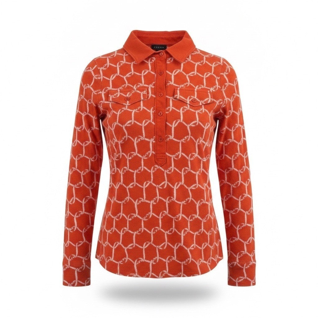 Talbots Womens Orange Chain-Print Long-Sleeve Collared Shirt Sz XS