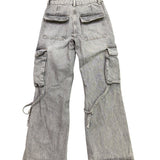 Zara Womens Gray Denim Wide-Leg Cargo Pants With Side Straps Size 2