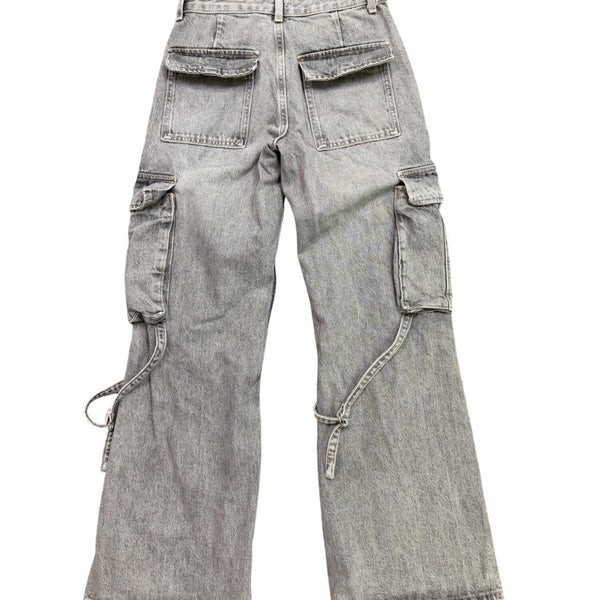 Zara Womens Gray Denim Wide-Leg Cargo Pants With Side Straps Size 2