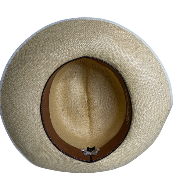 Vintage Genuine Panama Handwoven Straw Wide Brim Hat Black Ribbon Size 6 7/8 