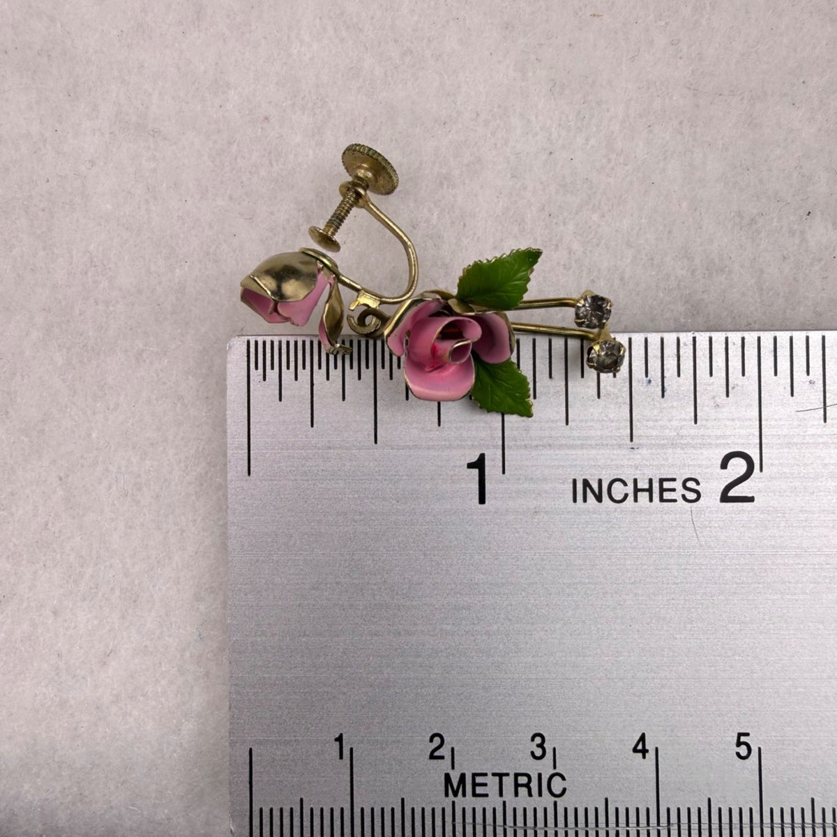 Vintage Floral Screw Back Earrings Pink Rose Gold Tone Metal Rhinestone Accents