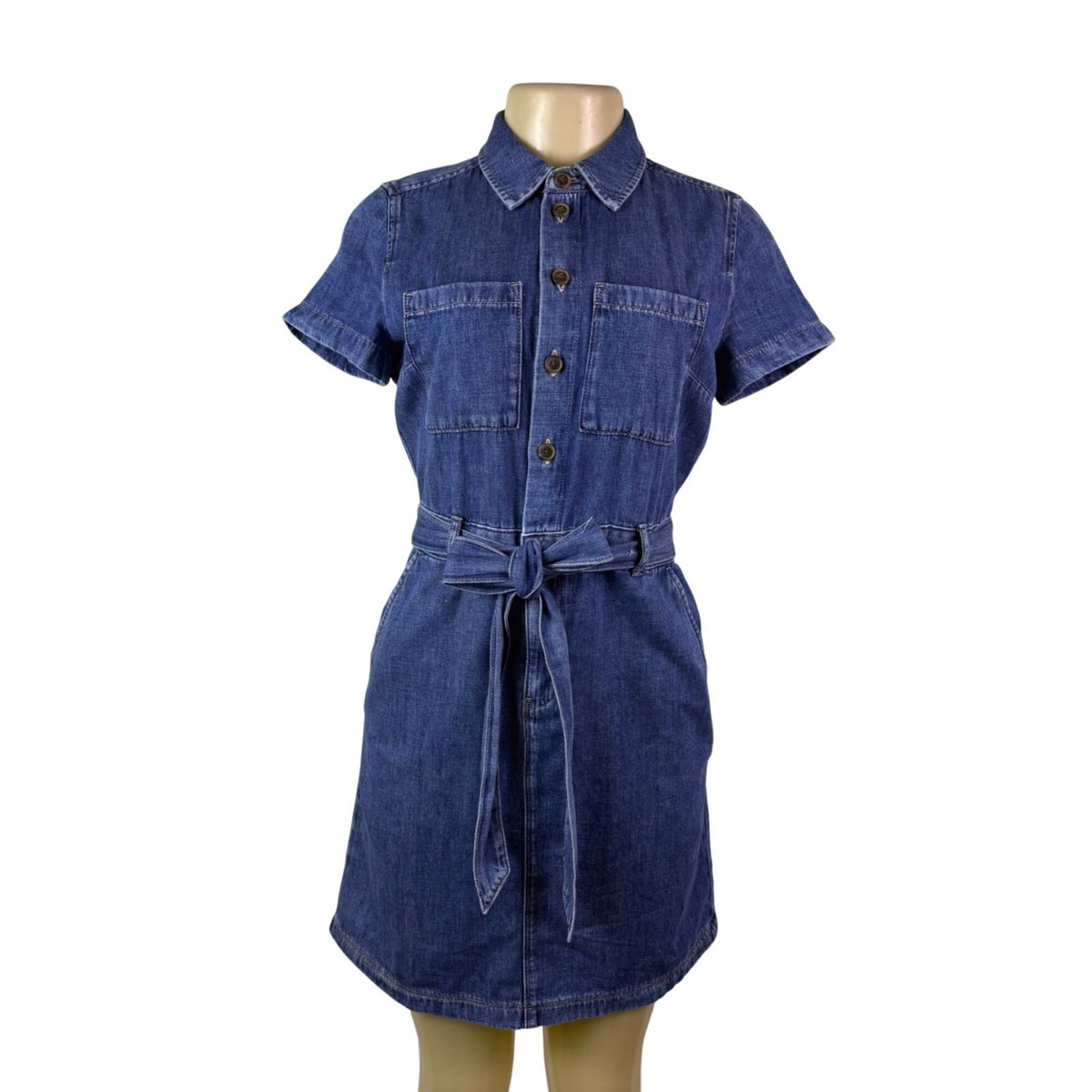 J. Crew Womens Blue Cotton Denim Belted Shirt Dress Pocket Detail Casual Size O