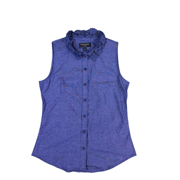 Banana Republic Womens Blue Sleeveless Lace-Collar Button Down Blouse Size 4