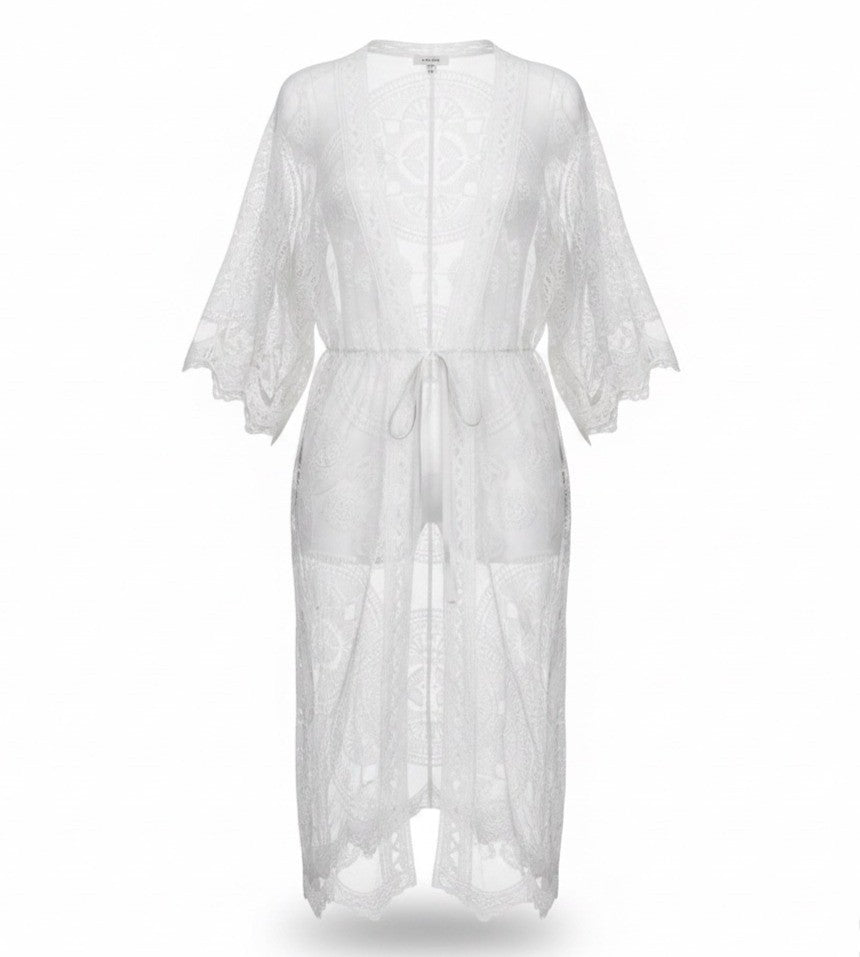 I Am Womens White Lace Open Front Duster Kimono Cardigan With Waist Tie One Size