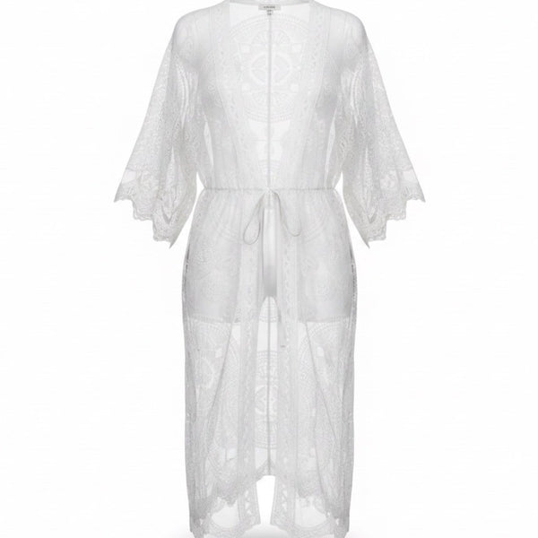 I Am Womens White Lace Open Front Duster Kimono Cardigan With Waist Tie One Size
