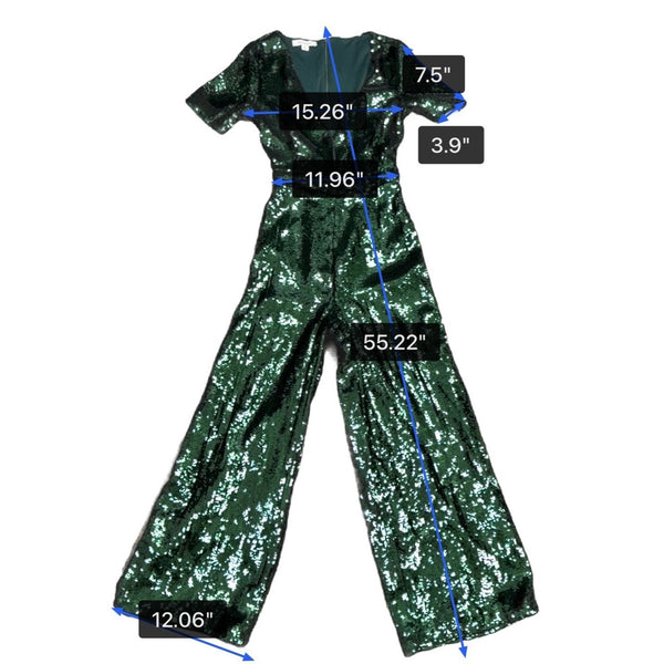 Francescas Womens Green Sequin Jumpsuit Short Sleeve Wide Leg Sz XS