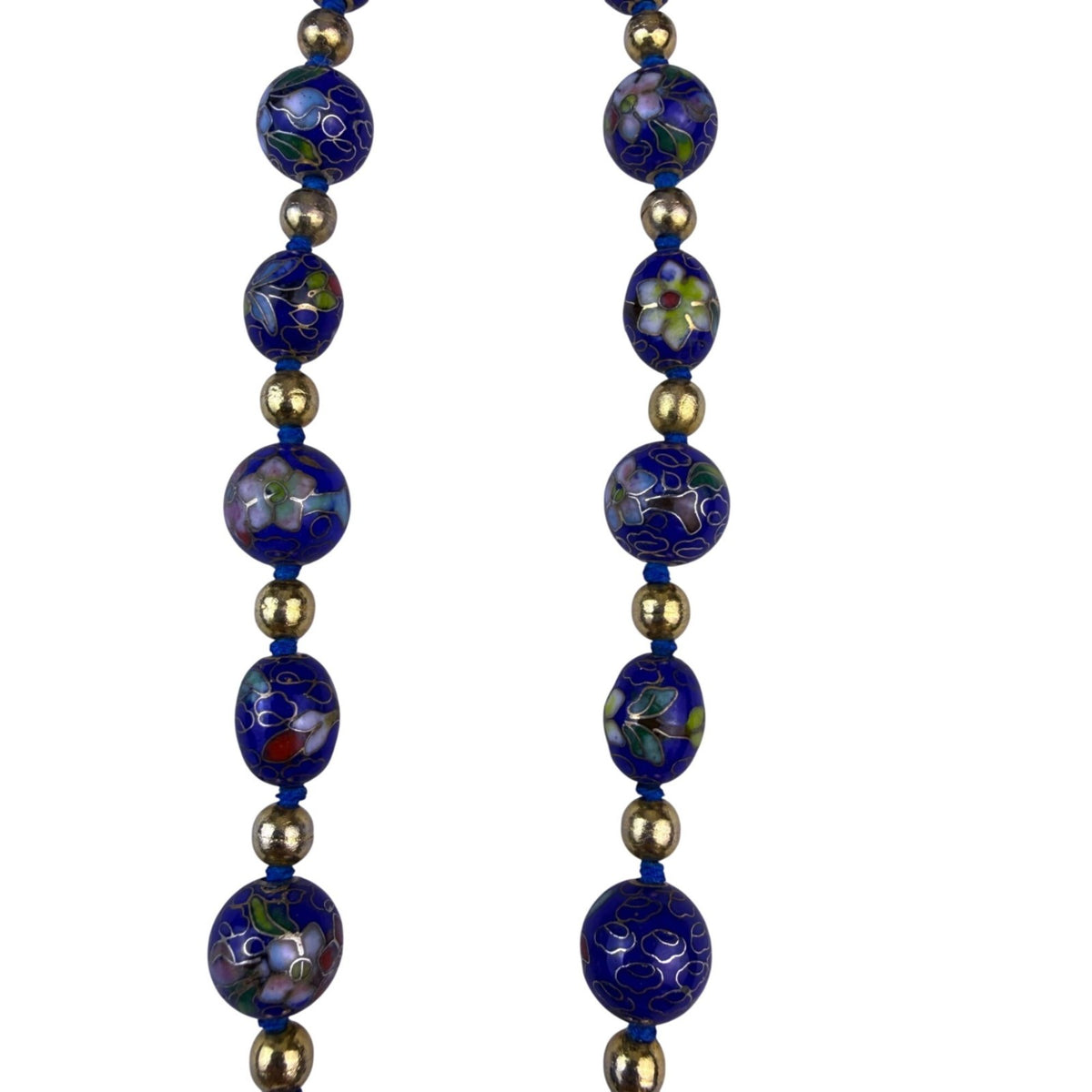 Chinese Cloisonné Womens Blue Bead Necklace Floral Motifs With Gold Spacers