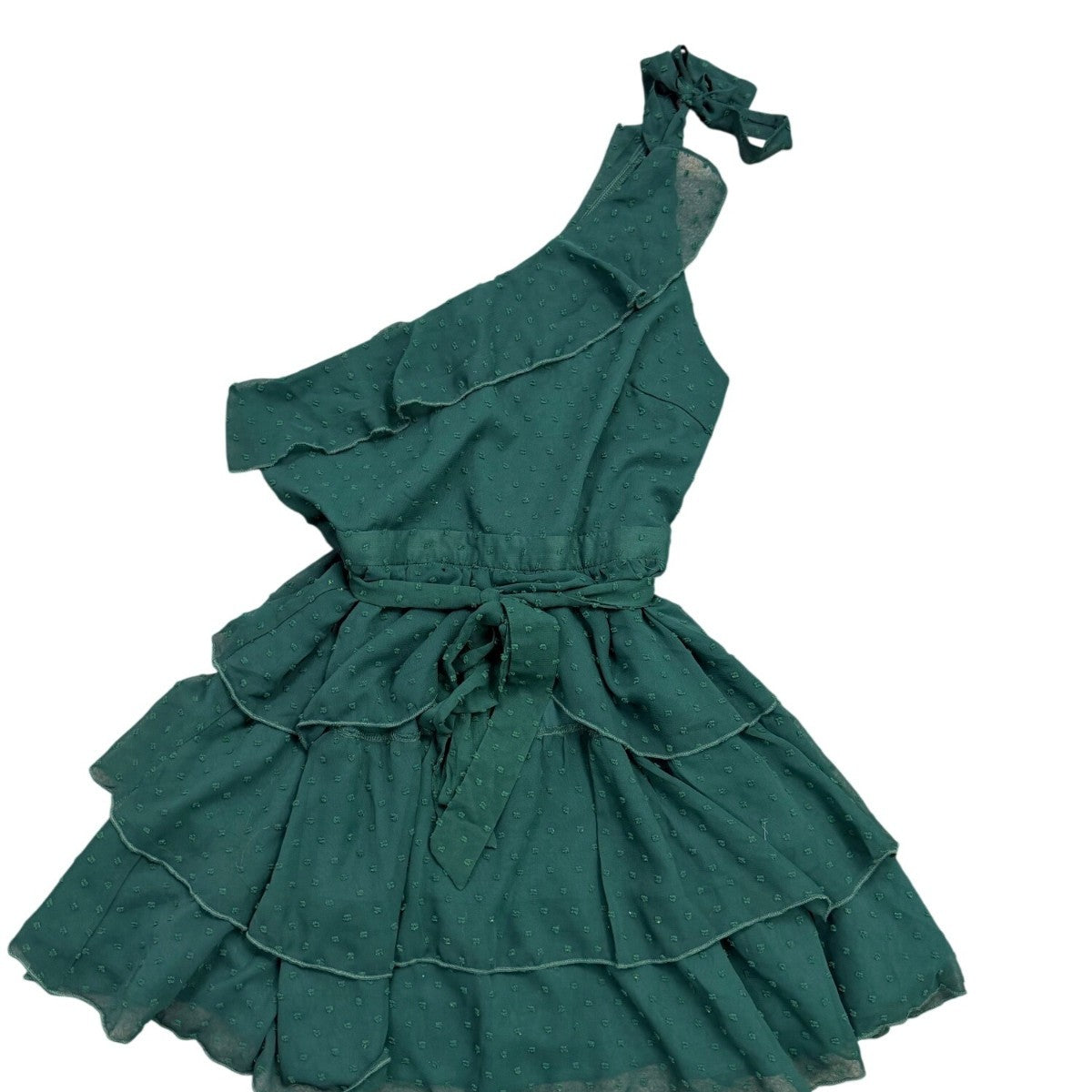 Showpo Womens Green One-Shoulder Tiered Mini Dress Ruffled & Belted Size 12