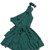Showpo Womens Green One-Shoulder Tiered Mini Dress Ruffled & Belted Size 12