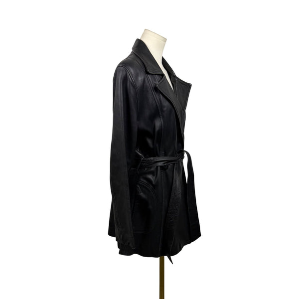 Trucker Women’s Black Leather Jacket Belted Wrap Style Size Medium