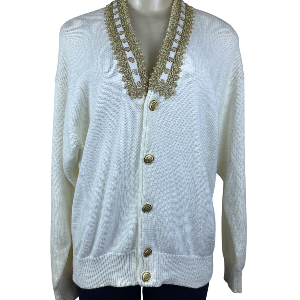 Vintage Fashioned By Pamela Hoke Gold & White Womens Knitted Cardigan
