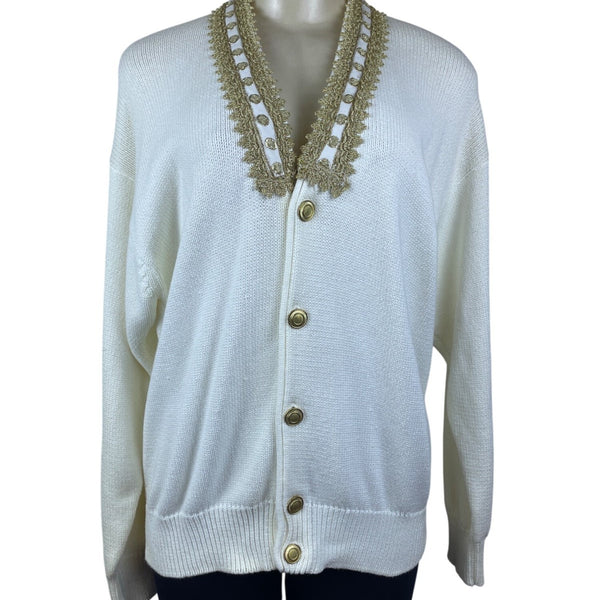 Vintage Fashioned By Pamela Hoke Gold & White Womens Knitted Cardigan