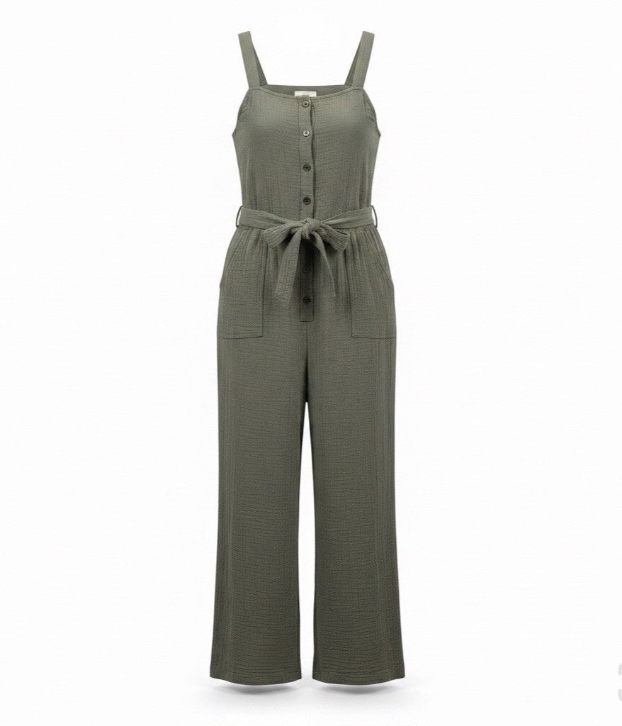 In Loom Womens Olive  Jumpsuit Button-Front Wide Leg Belted Sleeveless Size L