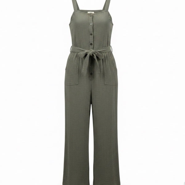In Loom Womens Olive  Jumpsuit Button-Front Wide Leg Belted Sleeveless Size L