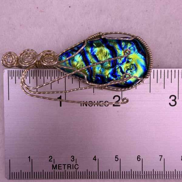 Oval Multicolor Abalone Shell Wire Wrapped Pendant Handmade Silver Tone