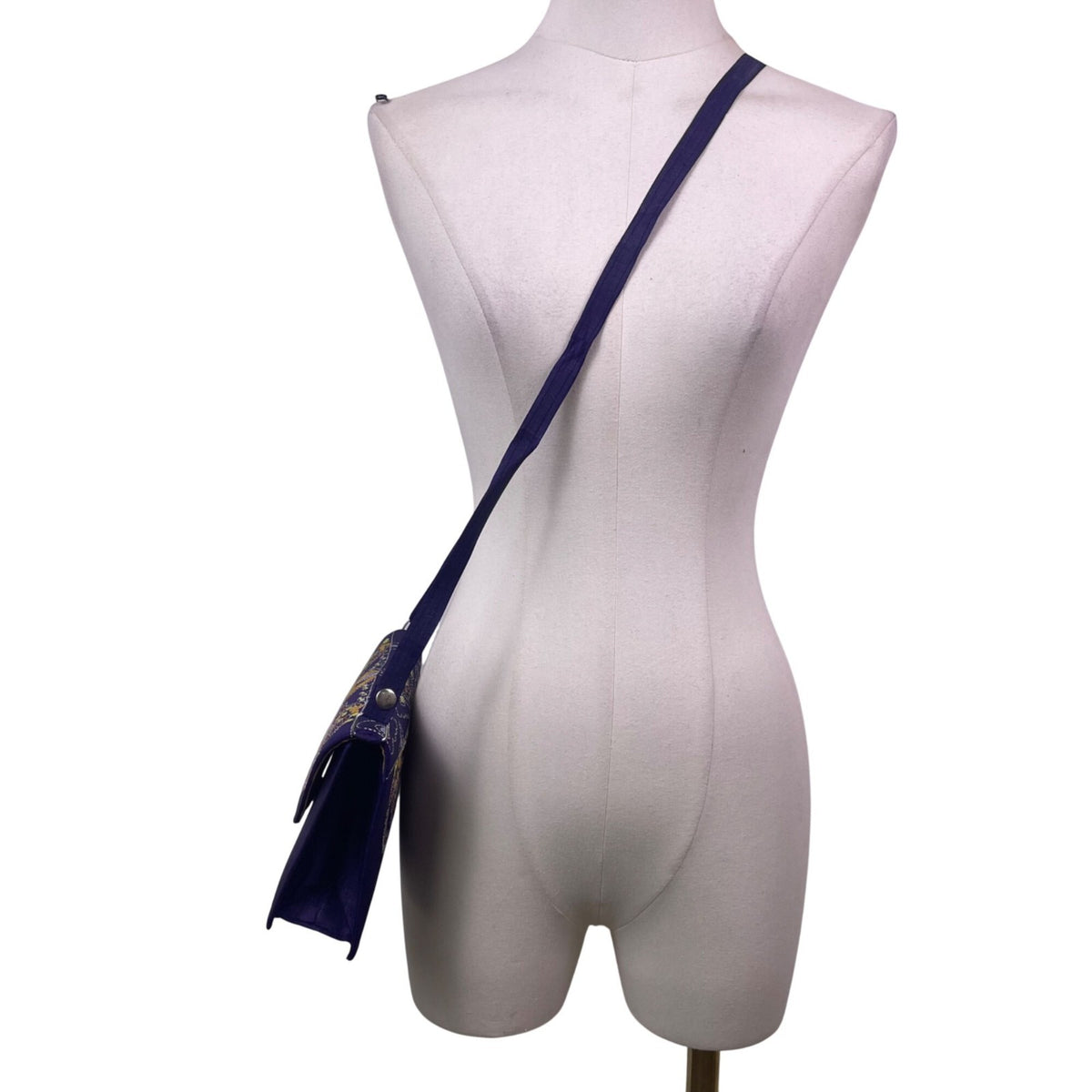 Embroidered Shoulder Bag Women Blue Fabric Fold-Over Clutch Adjustable Strap
