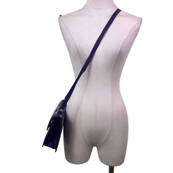 Embroidered Shoulder Bag Women Blue Fabric Fold-Over Clutch Adjustable Strap