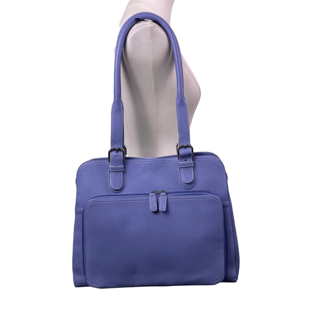Levenger Women’s Blue Leather Double Handles Front Pocket Shoulder Tote Bag