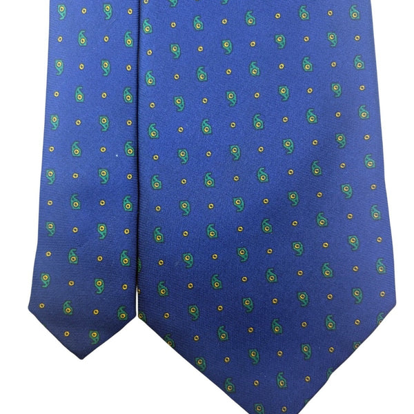 Aquascutum Mens Blue Silk Tie Green Paisley Pattern Lightweight Elegant Design