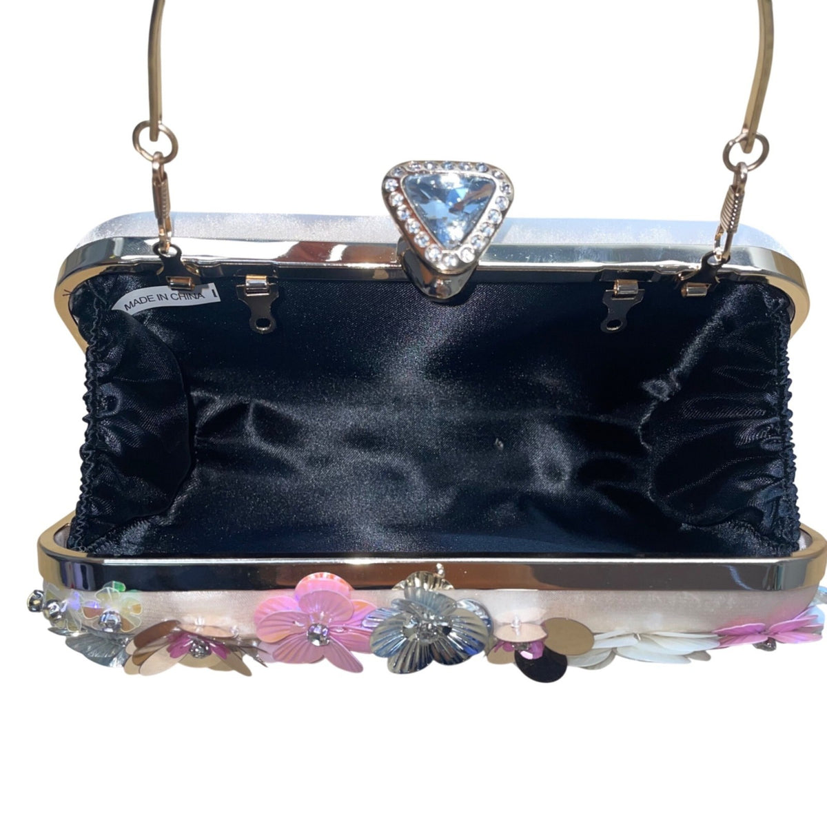 Women’s Pink Floral Embellishment With Chain Strap & Handle Clutch Purse
