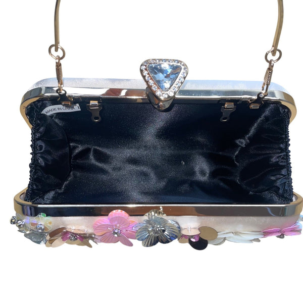 Women’s Pink Floral Embellishment With Chain Strap & Handle Clutch Purse
