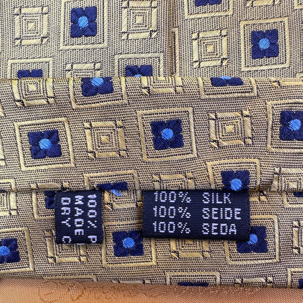 Brooks Brothers Mens Gold & Blue 100% Silk Patterned Geometric Design Tie