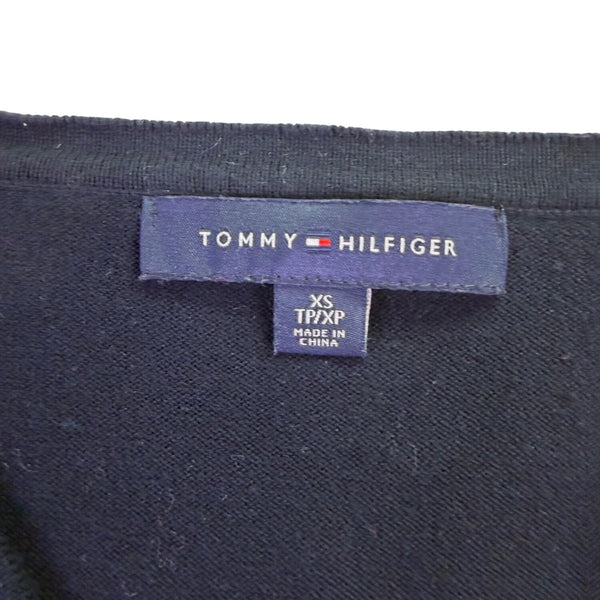Tommy Hilfiger Womens Navy Cotton Sweater V-Neck Argyle Studded Design Sz XS