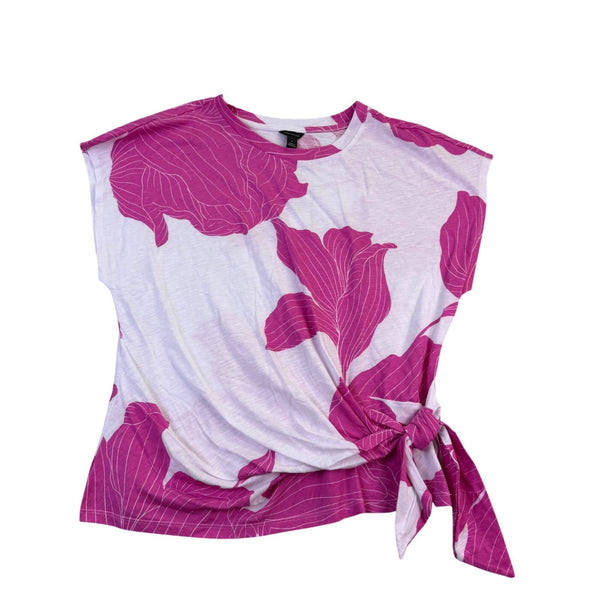 Ann Taylor Womens Pink & White Cotton Floral Print Tie-Front Top Size L