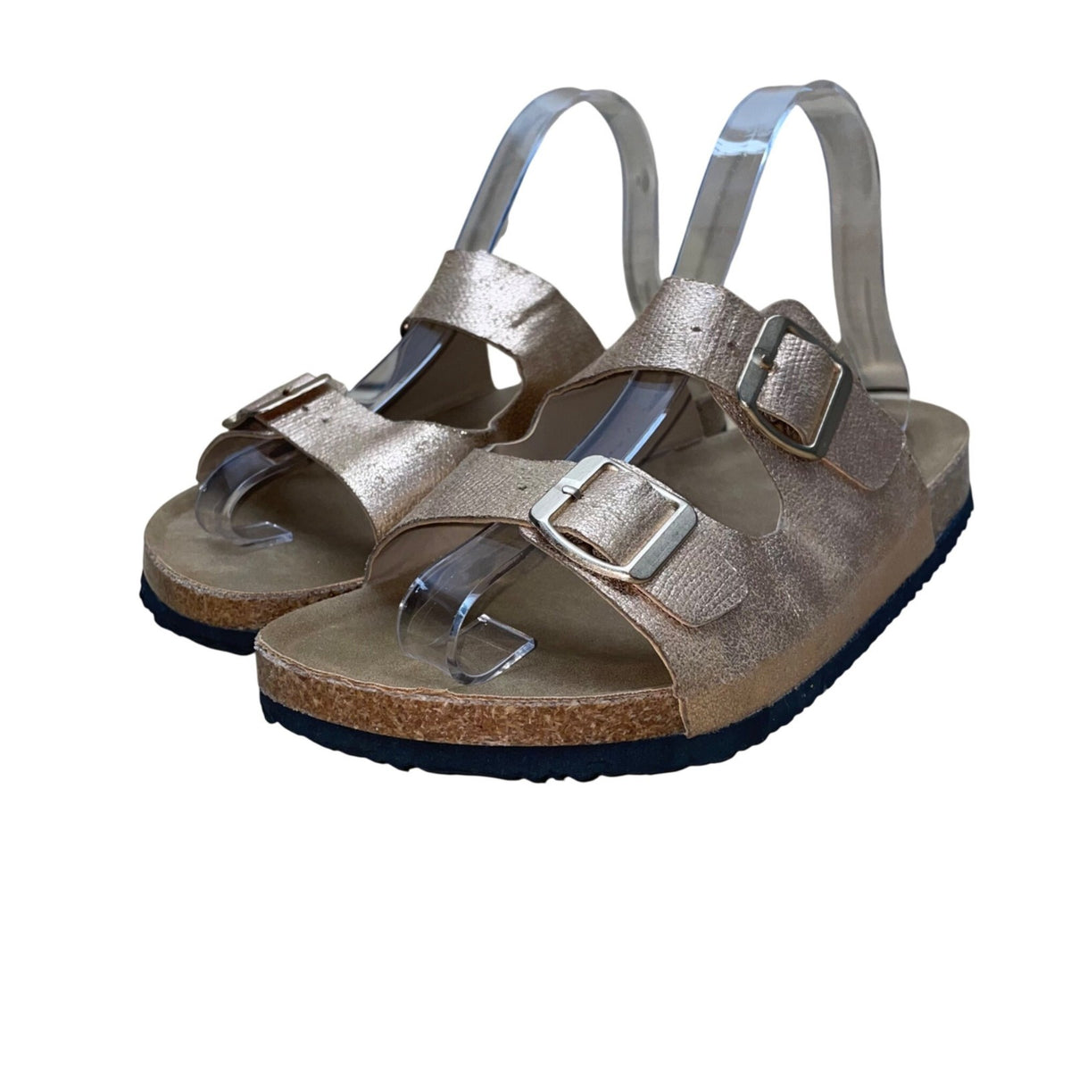 Yo Ki Women’s Rose Gold Metallic Double Buckle Cork Footbed Gian Sandals Sz 8.5