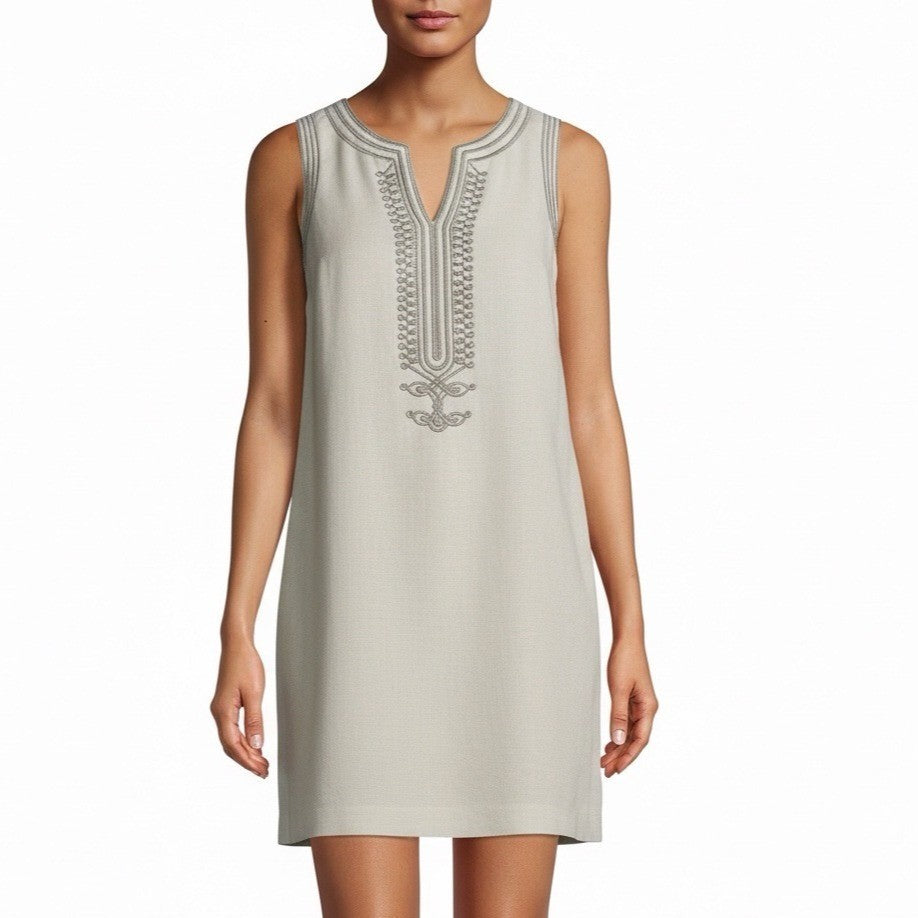 Michael Kors Womens White Linen Sleeveless Shift Dress Embroidered Accent Sz 12