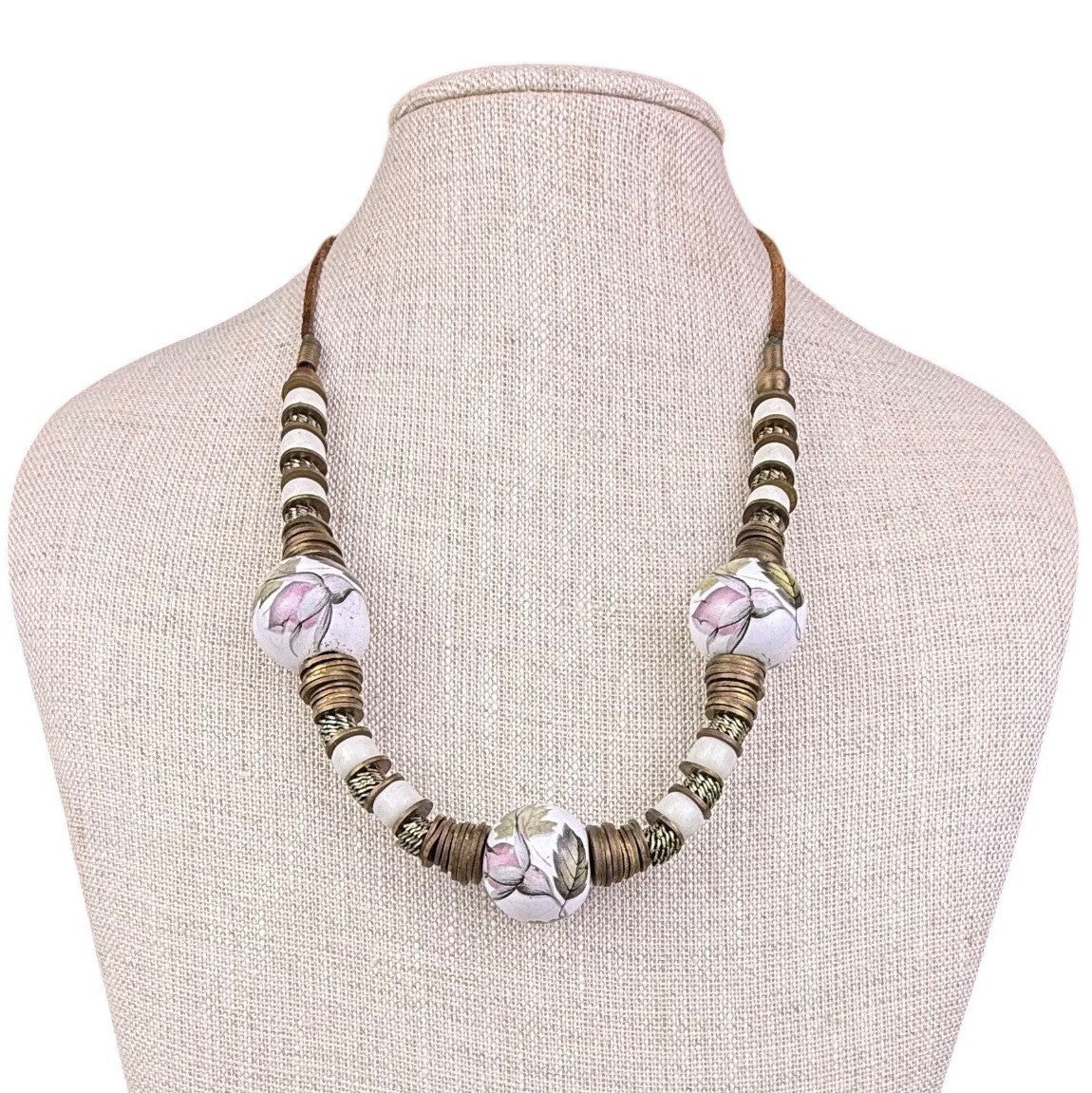 Vintage Floral Hand-Painted Ceramic & Metal Beaded Necklace Adjustable Length