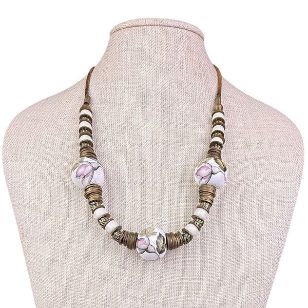 Vintage Floral Hand-Painted Ceramic & Metal Beaded Necklace Adjustable Length