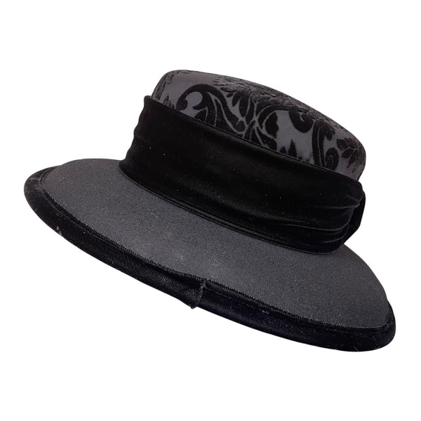 Talbots Women’s Black Velvet & Damask Wide Brim Hat Elegant Floral Pattern
