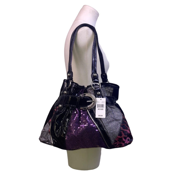 Women’s Black & Purple Sequin Leopard Patchwork Buckle Detail Shoulder Bag