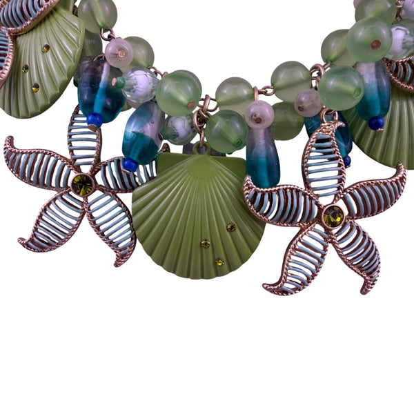 Chicos Womens Green Multicolor Beaded Seashell Starfish Statement Necklace