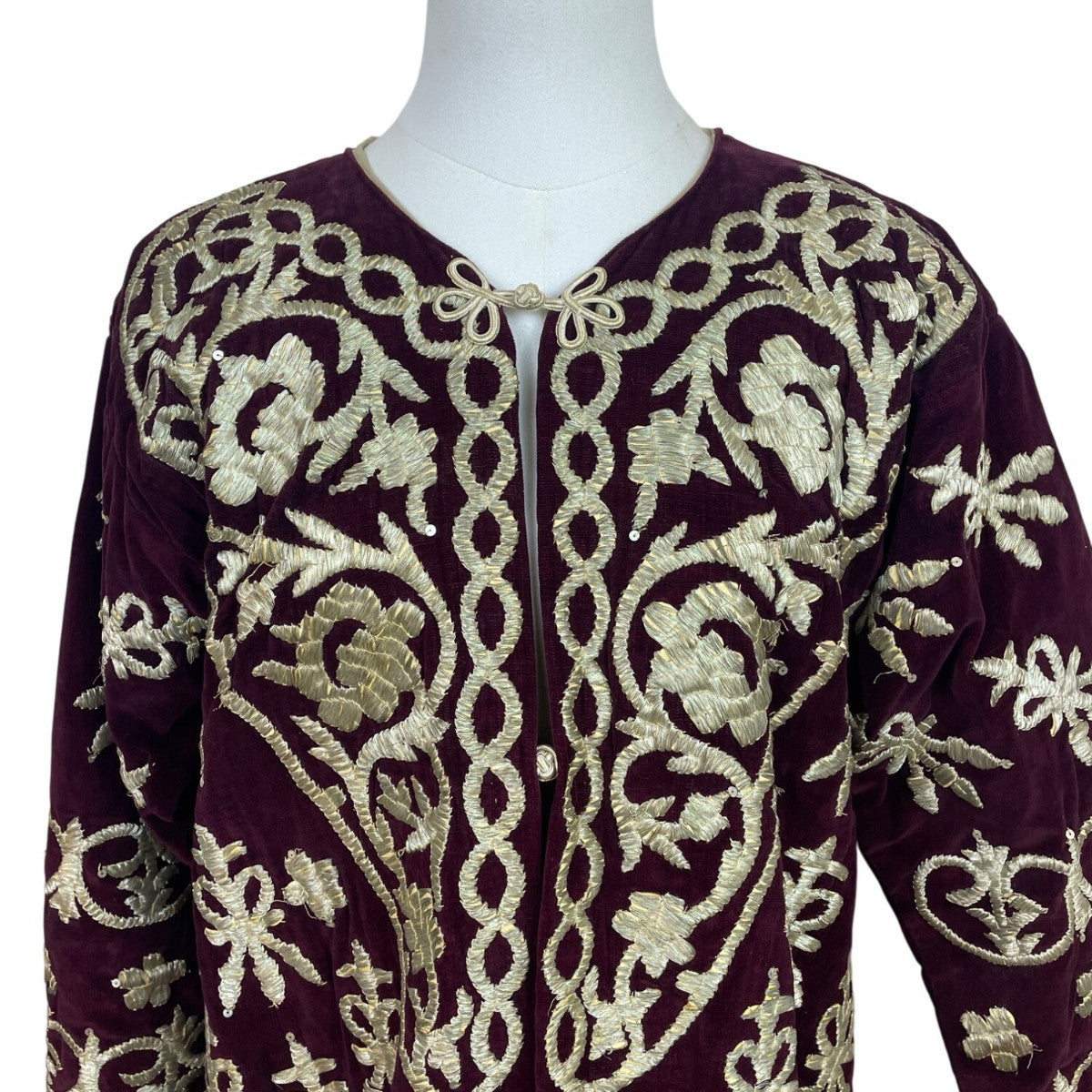 Vintage Women’s Velvet Burgundy & Gold Tone Embroidered Kaftan Dress