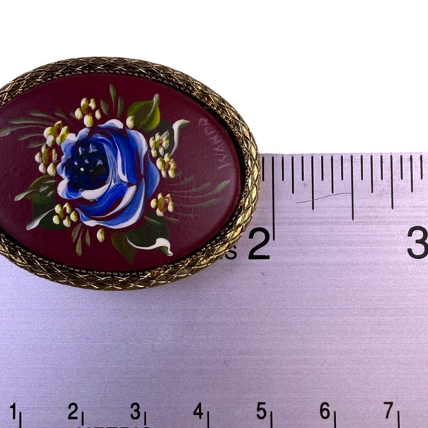 Vintage Hand-Painted Womens Burgundy Resin Brooch Gold-Tone Floral Oval Cabochon