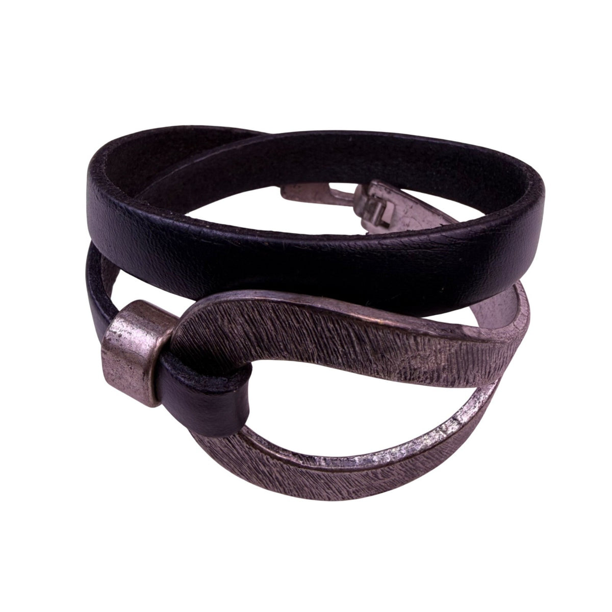 Saachi Womens Black Leather Hammered Metal Double Wrap Bracelet Modern Design