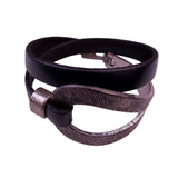 Saachi Womens Black Leather Hammered Metal Double Wrap Bracelet Modern Design
