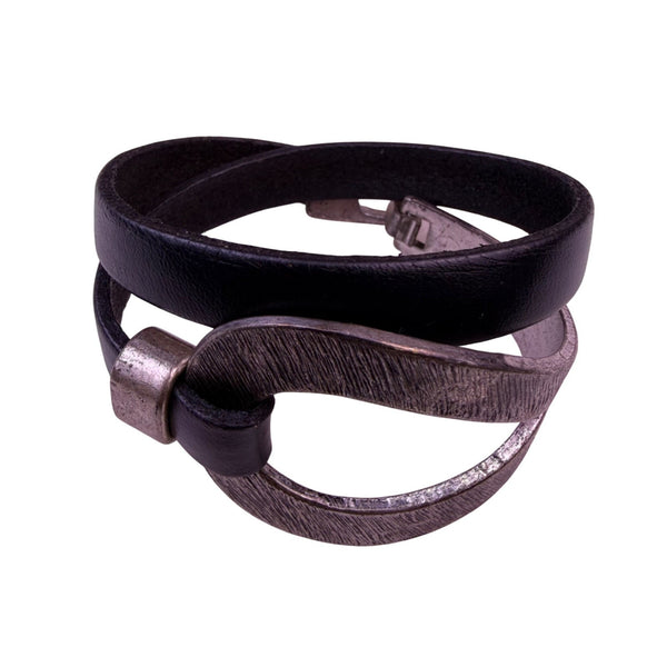 Saachi Womens Black Leather Hammered Metal Double Wrap Bracelet Modern Design