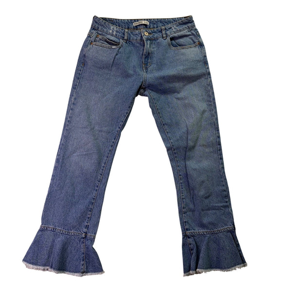 Zara Basic Women’s Blue Cotton Flare Ruffle Hem Jeans Button Fly Size 04
