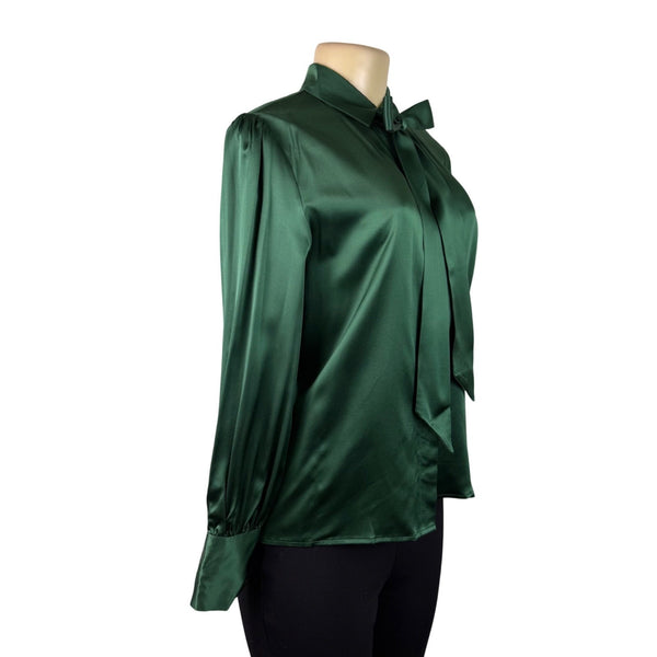 LilySilk Womens Green Mulberry Silk Bow-Tie Blouse Satin Button Cuffs Sz M