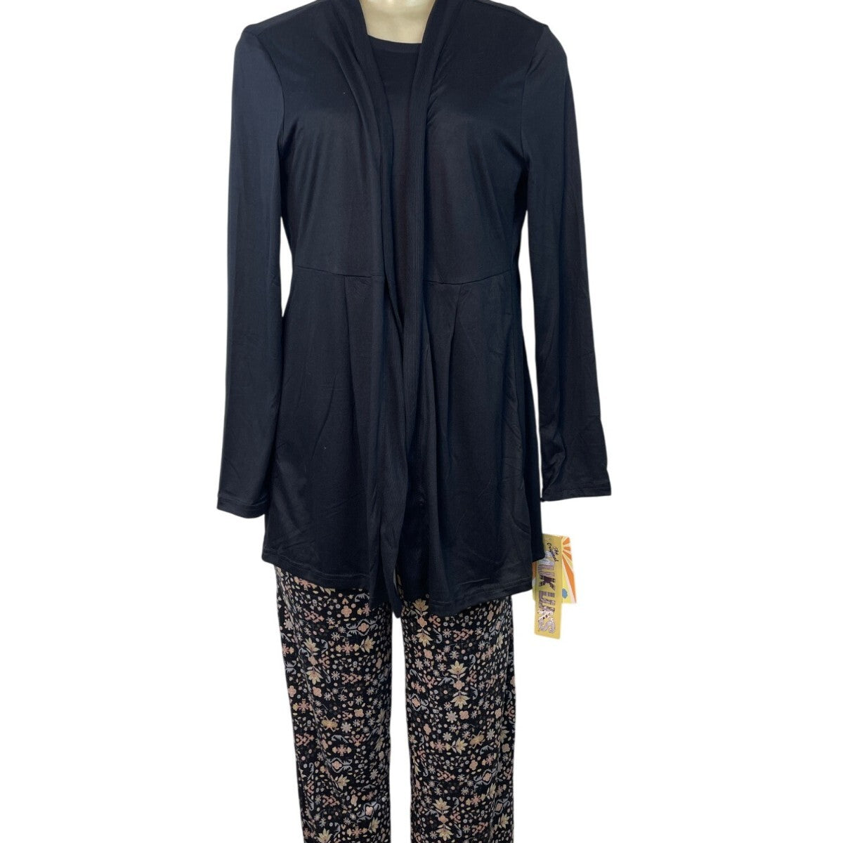 Muk Luks 3-Piece Black Open Cardigan T-Shirt & Floral Pant Lounge Set Sz S - New