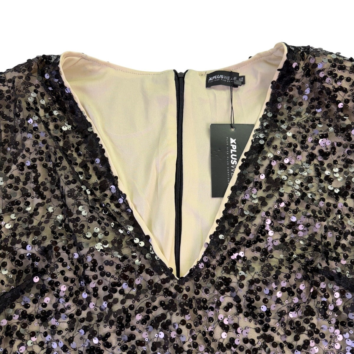 Xpluswear Womens Black Sequin Feather Hem Long Sleeve Cocktail Dress Plus Sz XL