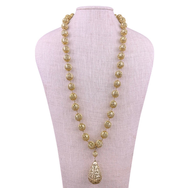 Gold Tone Large Filigree Pendant Drop Necklace For Women Ornate Beaded Statement