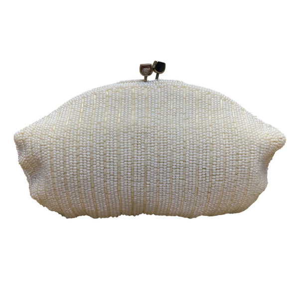 Vintage Women’s Ivory Hand-Beaded Elegant Shell Design Satin Lining Clutch Purse