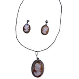 Sterling Silver 925 Vintage Cameo Necklace & Earrings Set Hand-Carved Antique